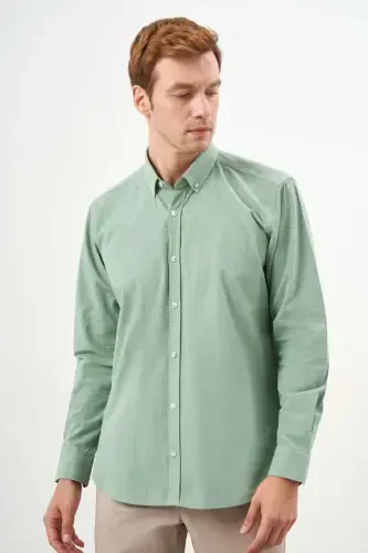 Modazone Men's Green Cotton Striped Panel Button-Down Collar Regular Fit Shirt - 3