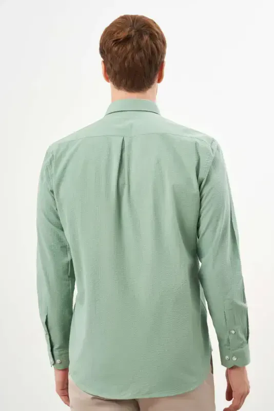 Modazone Men's Green Cotton Striped Panel Button-Down Collar Regular Fit Shirt - 5