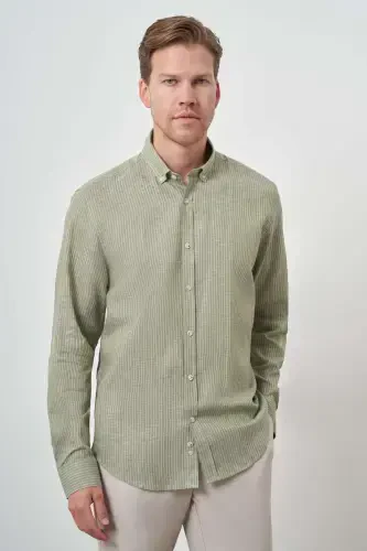 Modazone Men's Green Linen Dynamic Fit Button-Down Collar Shirt 