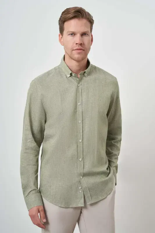 Modazone Men's Green Linen Dynamic Fit Button-Down Collar Shirt - 1