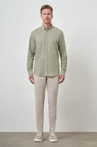 Modazone Men's Green Linen Dynamic Fit Button-Down Collar Shirt - 2