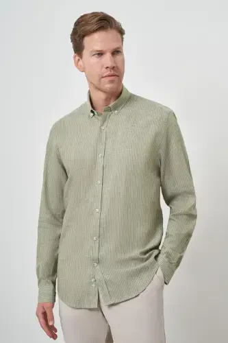 Modazone Men's Green Linen Dynamic Fit Button-Down Collar Shirt - 3