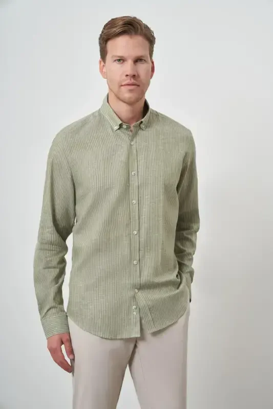 Modazone Men's Green Linen Dynamic Fit Button-Down Collar Shirt - 4