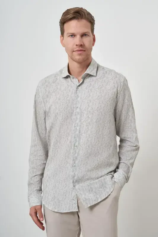 Modazone Men's Green Linen Trend Dynamic Fit Button-Down Collar Shirt - 1