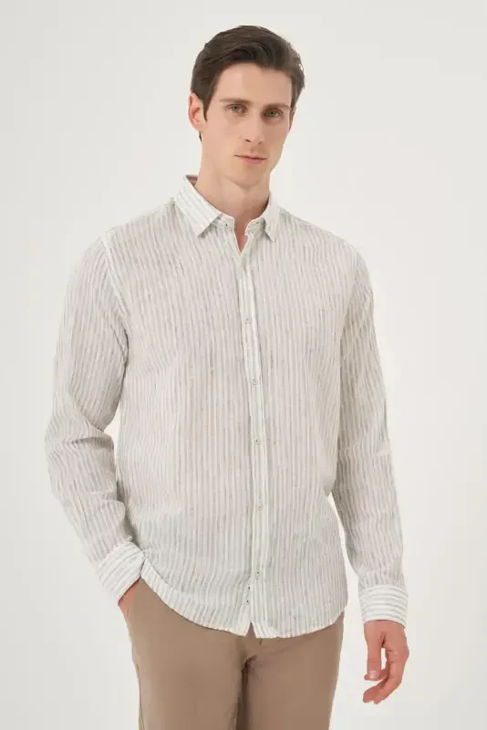 Modazone Men's Green Linen Trend Dynamic Fit Button-Down Collar Shirt - 1