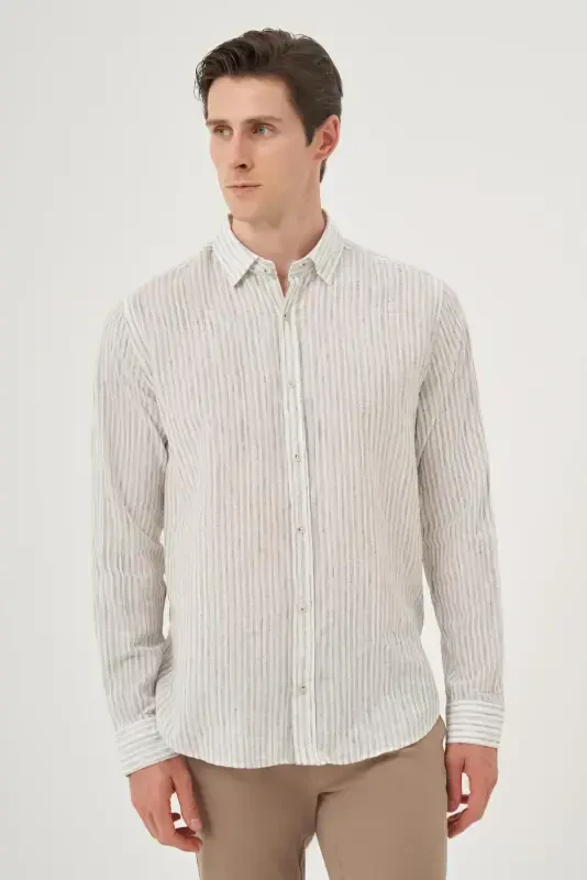 Modazone Men's Green Linen Trend Dynamic Fit Button-Down Collar Shirt - 2