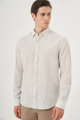 Modazone Men's Green Linen Trend Dynamic Fit Button-Down Collar Shirt - 3