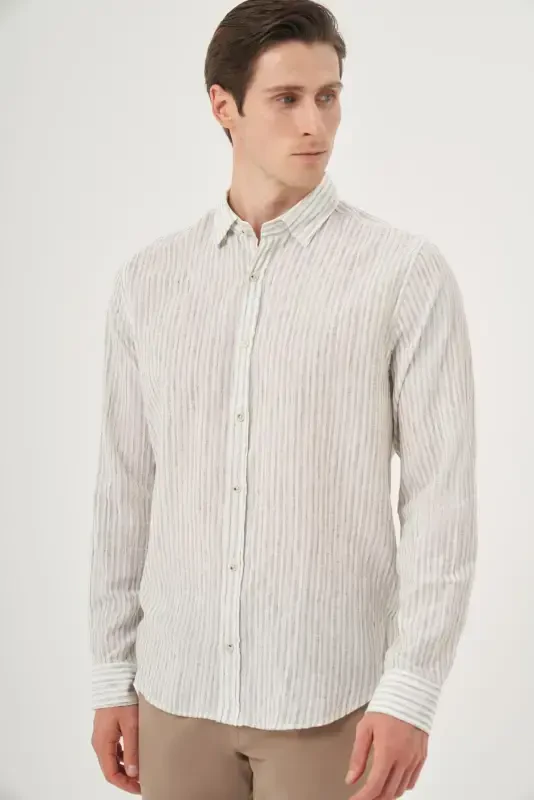 Modazone Men's Green Linen Trend Dynamic Fit Button-Down Collar Shirt - 3