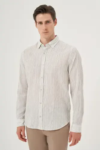 Modazone Men's Green Linen Trend Dynamic Fit Button-Down Collar Shirt - 4