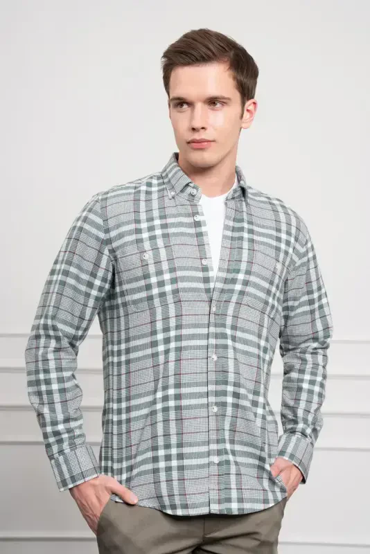 Modazone Men's Green Winter Buttoned Collar Regular Fit Shirt - MORVEN