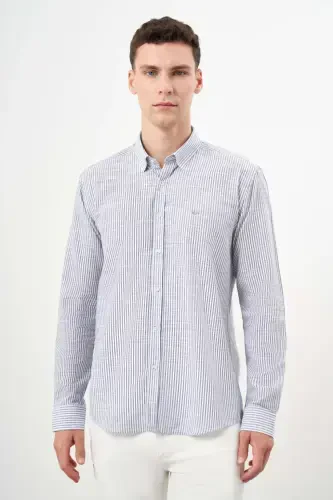 Modazone Men's Grey Cotton Striped-Paneled Italian Collar Slim Fit Shirt - MORVEN (1)