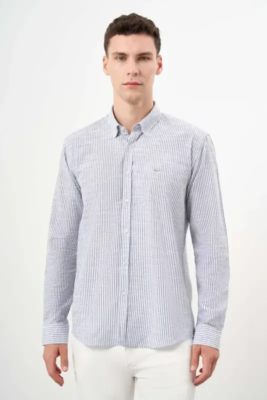 Modazone Men's Grey Cotton Striped-Paneled Italian Collar Slim Fit Shirt - 2