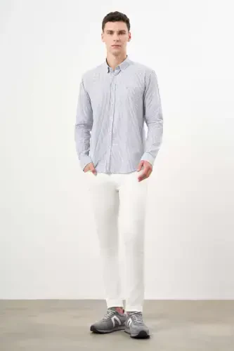 Modazone Men's Grey Cotton Striped-Paneled Italian Collar Slim Fit Shirt - 4