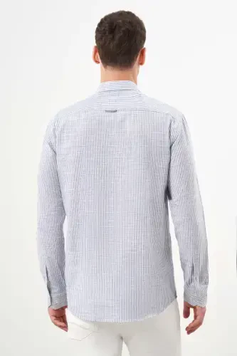 Modazone Men's Grey Cotton Striped-Paneled Italian Collar Slim Fit Shirt - 5