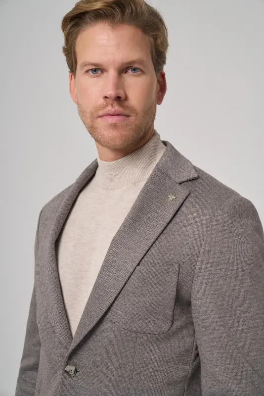 Modazone Men's Grey Knitted Trendy Patterned Slim Fit Mono Collar Jacket - 2