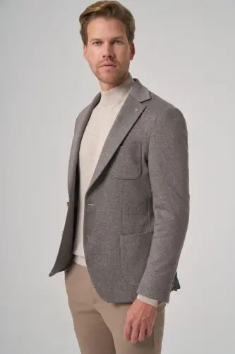 Modazone Men's Grey Knitted Trendy Patterned Slim Fit Mono Collar Jacket - 4