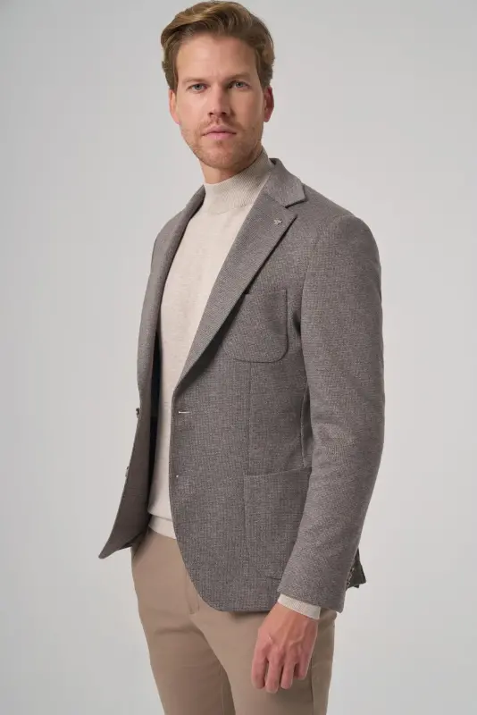 Modazone Men's Grey Knitted Trendy Patterned Slim Fit Mono Collar Jacket - 4