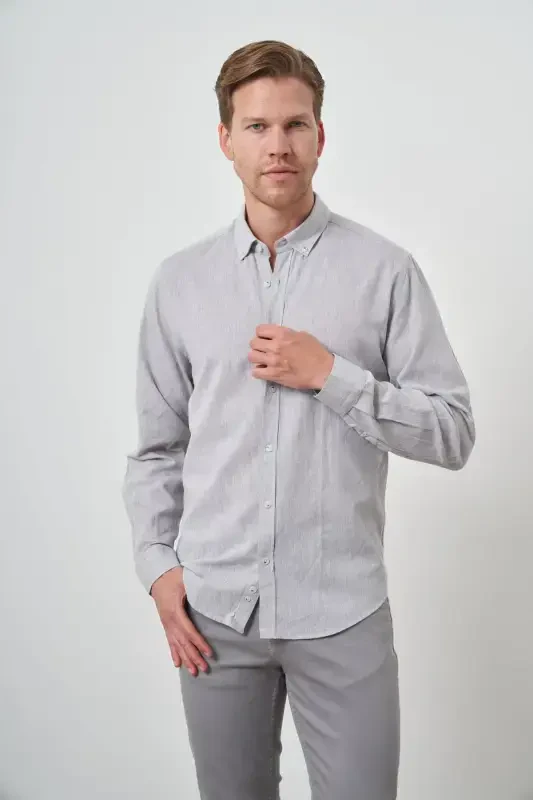Modazone Men's Grey Linen Trend Dynamic Fit Button-Down Collar Shirt - 2