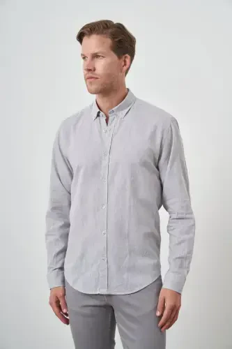Modazone Men's Grey Linen Trend Dynamic Fit Button-Down Collar Shirt - 3