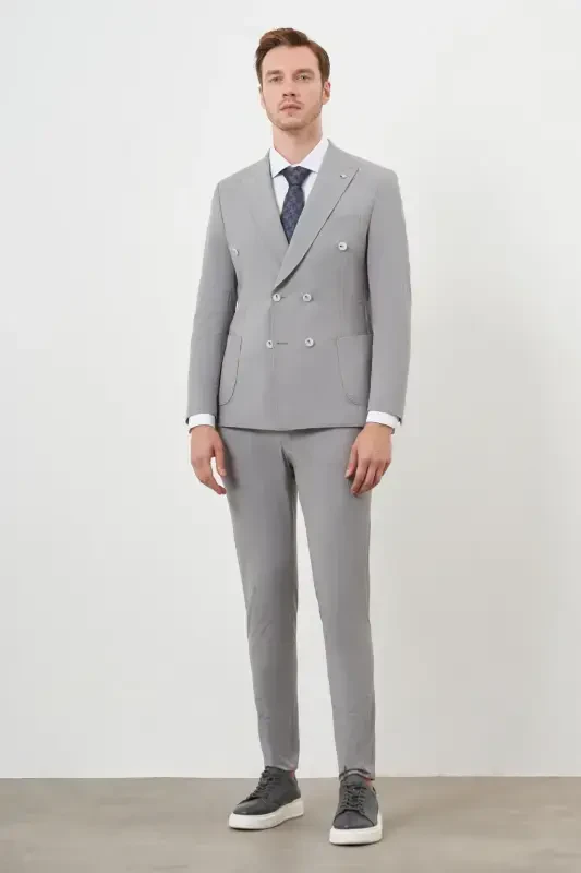 Modazone Men's Grey Polyamide Trend Double Breasted Slim Fit Peak Lapel Suit - MORVEN