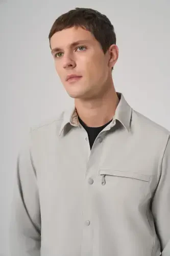 Modazone Men's Grey Polyester Trend Plain Dynamic Fit Barber Collar Shirt Jacket - 3