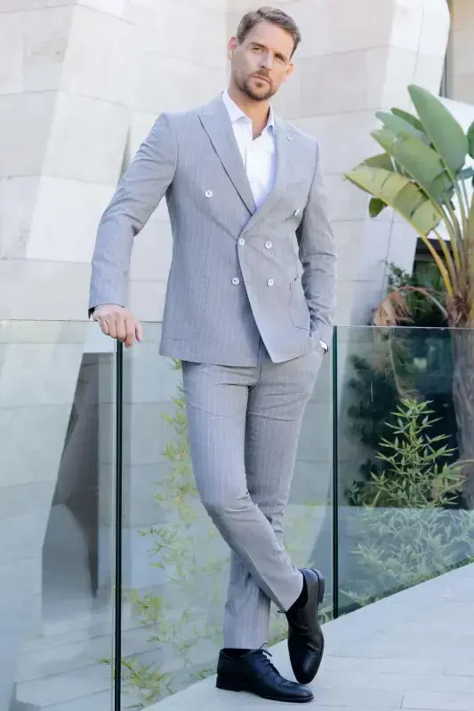 Modazone Men's Grey Polyviscose Trend Double Breasted Slim Fit Pointed Collar Suit - MORVEN