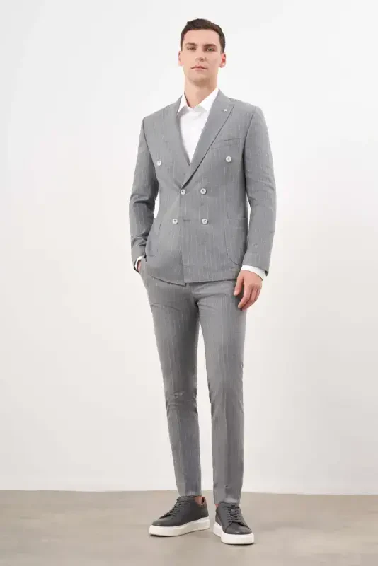 Modazone Men's Grey Polyviscose Trend Double Breasted Slim Fit Pointed Collar Suit - 5