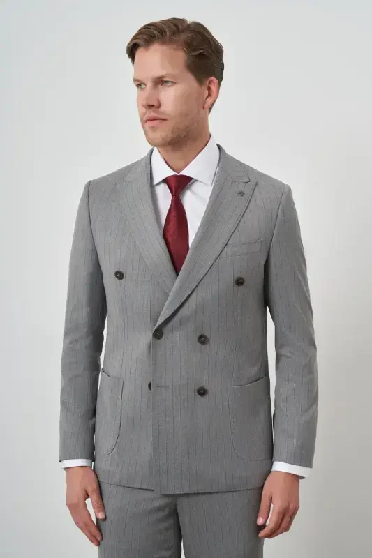 Modazone Men's Grey Polyviscose Trend Double Breasted Striped Pattern Slim Fit Pointed Collar Suit - 3