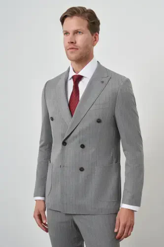 Modazone Men's Grey Polyviscose Trend Double Breasted Striped Pattern Slim Fit Pointed Collar Suit - 4