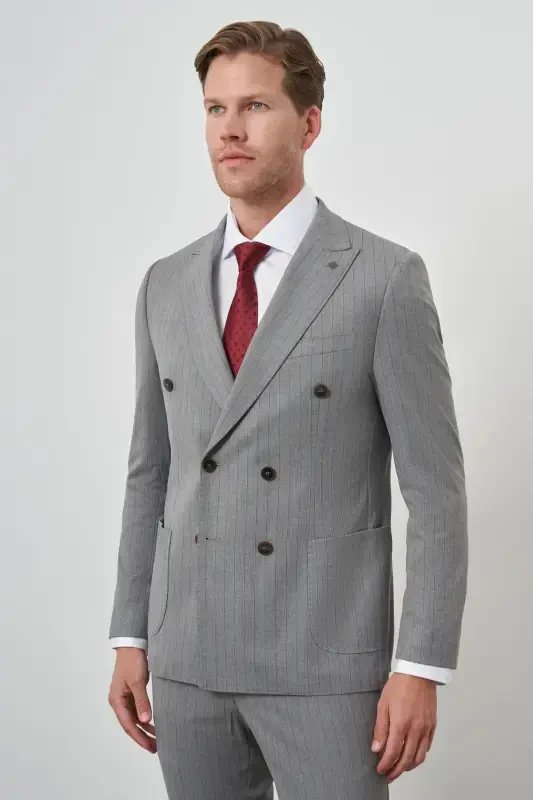 Modazone Men's Grey Polyviscose Trend Double Breasted Striped Pattern Slim Fit Pointed Collar Suit - 4