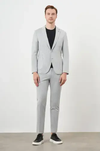 Modazone Men's Grey Polyviscose Trend Striped Pattern Slim Fit Peak Lapel Suit - 1
