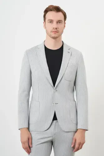 Modazone Men's Grey Polyviscose Trend Striped Pattern Slim Fit Peak Lapel Suit - 2