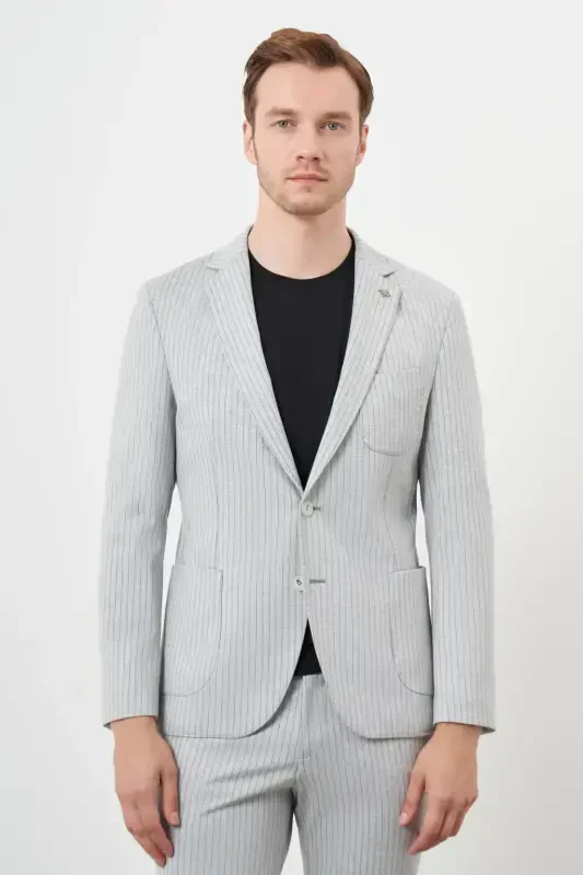 Modazone Men's Grey Polyviscose Trend Striped Pattern Slim Fit Peak Lapel Suit - 2