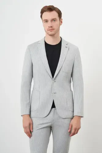 Modazone Men's Grey Polyviscose Trend Striped Pattern Slim Fit Peak Lapel Suit - 3
