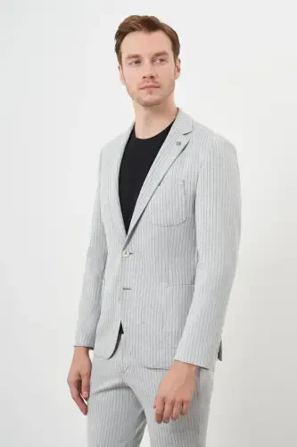 Modazone Men's Grey Polyviscose Trend Striped Pattern Slim Fit Peak Lapel Suit - 4