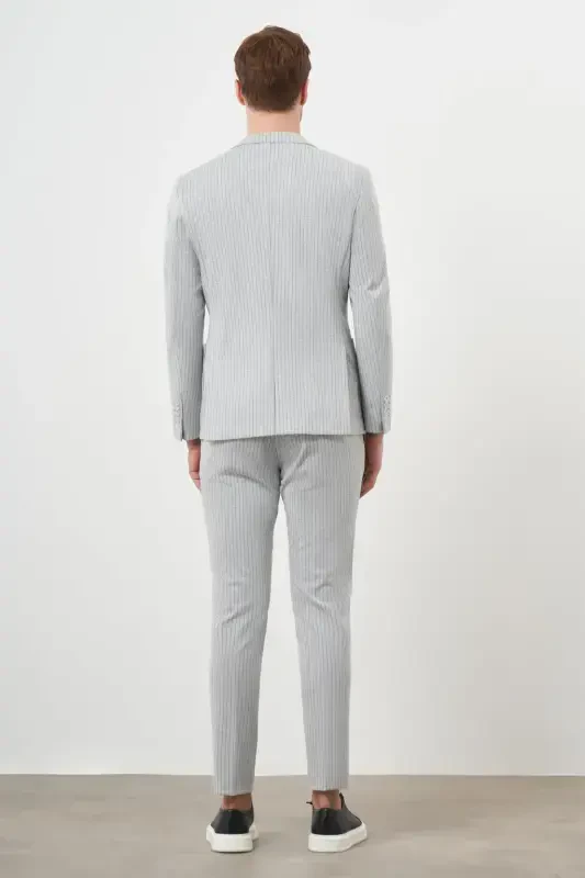 Modazone Men's Grey Polyviscose Trend Striped Pattern Slim Fit Peak Lapel Suit - 5