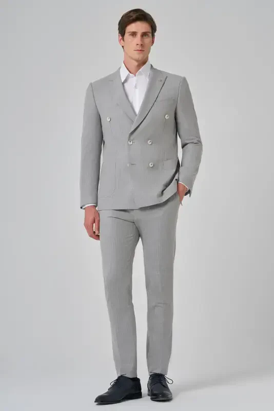 Modazone Men's Grey Polyviscose Trend Striped Slim Fit Pointed Collar Double Breasted Suit - 2