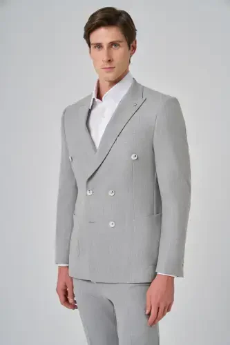 Modazone Men's Grey Polyviscose Trend Striped Slim Fit Pointed Collar Double Breasted Suit - 4