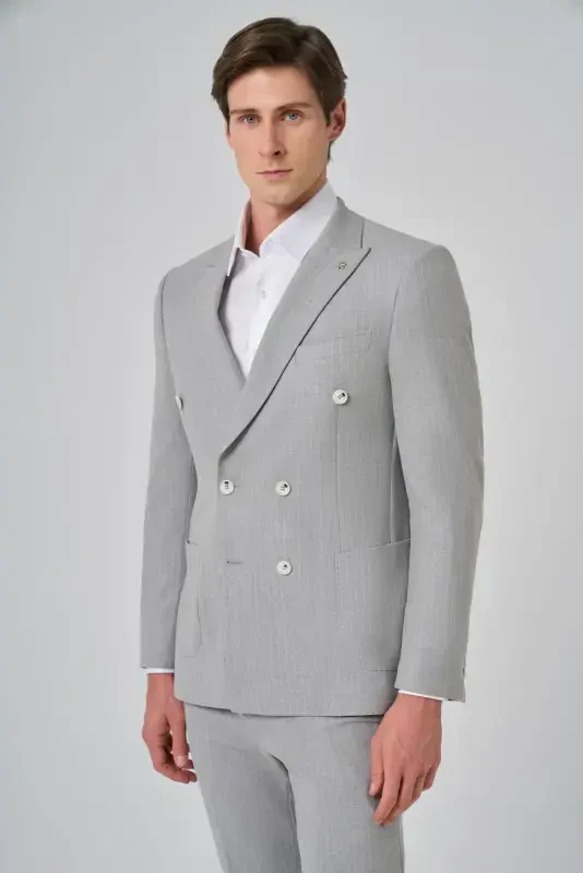 Modazone Men's Grey Polyviscose Trend Striped Slim Fit Pointed Collar Double Breasted Suit - 4