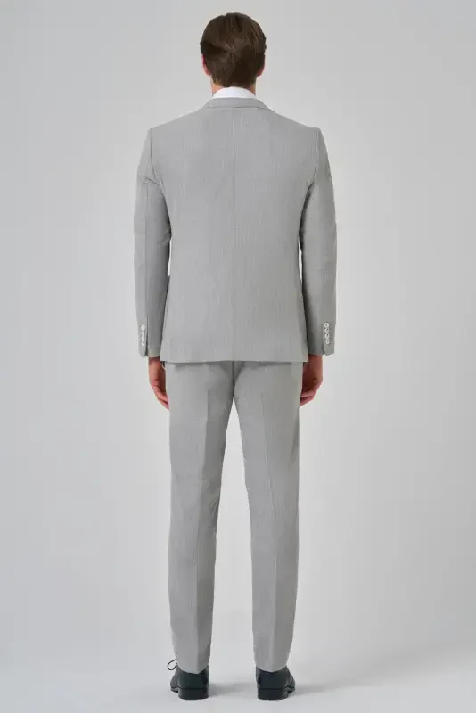 Modazone Men's Grey Polyviscose Trend Striped Slim Fit Pointed Collar Double Breasted Suit - 5