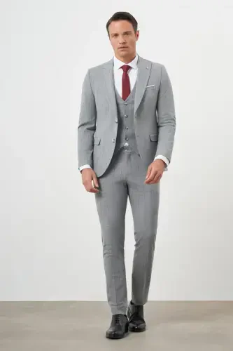 Modazone Men's Grey Polyviscose Trend Vested Checkered Slim Fit Pointed Collar Suit - 1