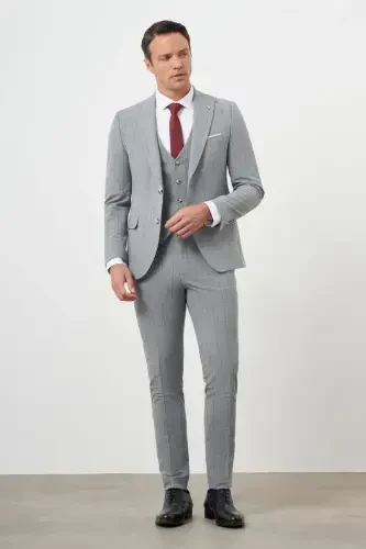 Modazone Men's Grey Polyviscose Trend Vested Checkered Slim Fit Pointed Collar Suit - MORVEN (1)