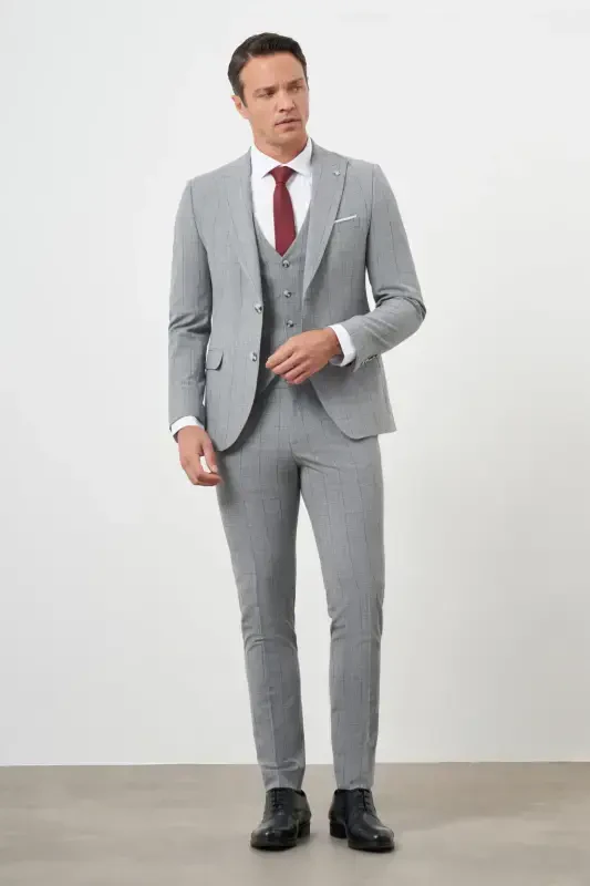 Modazone Men's Grey Polyviscose Trend Vested Checkered Slim Fit Pointed Collar Suit - 2