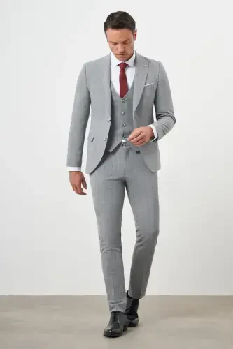 Modazone Men's Grey Polyviscose Trend Vested Checkered Slim Fit Pointed Collar Suit - 3