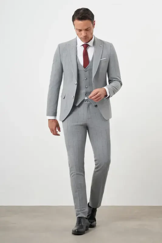 Modazone Men's Grey Polyviscose Trend Vested Checkered Slim Fit Pointed Collar Suit - 3