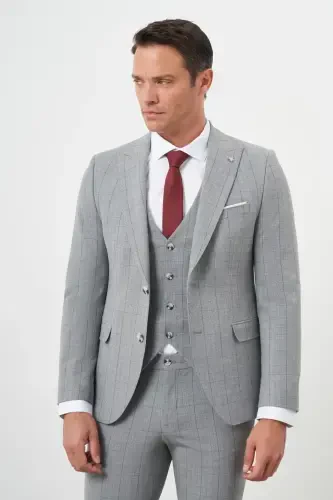 Modazone Men's Grey Polyviscose Trend Vested Checkered Slim Fit Pointed Collar Suit - 4