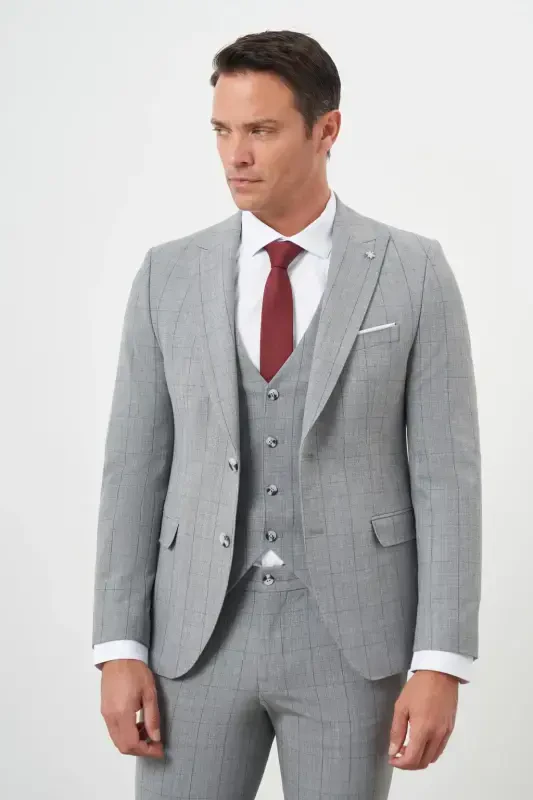 Modazone Men's Grey Polyviscose Trend Vested Checkered Slim Fit Pointed Collar Suit - 4