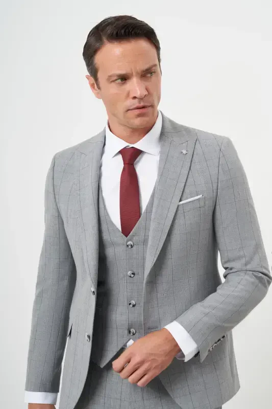 Modazone Men's Grey Polyviscose Trend Vested Checkered Slim Fit Pointed Collar Suit - 5