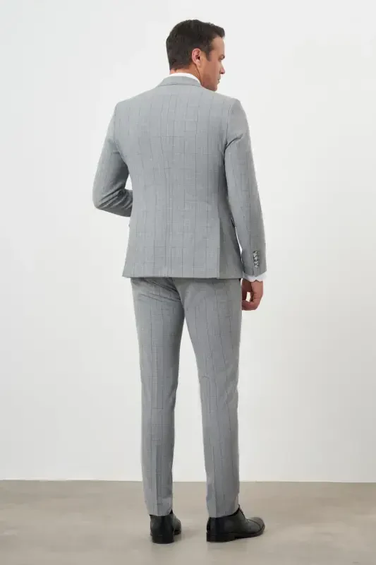 Modazone Men's Grey Polyviscose Trend Vested Checkered Slim Fit Pointed Collar Suit - 6