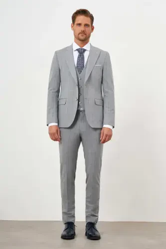 Modazone Men's Grey Polyviscose Trend Vested Checkered Slim Fit Pointed Collar Suit - 7